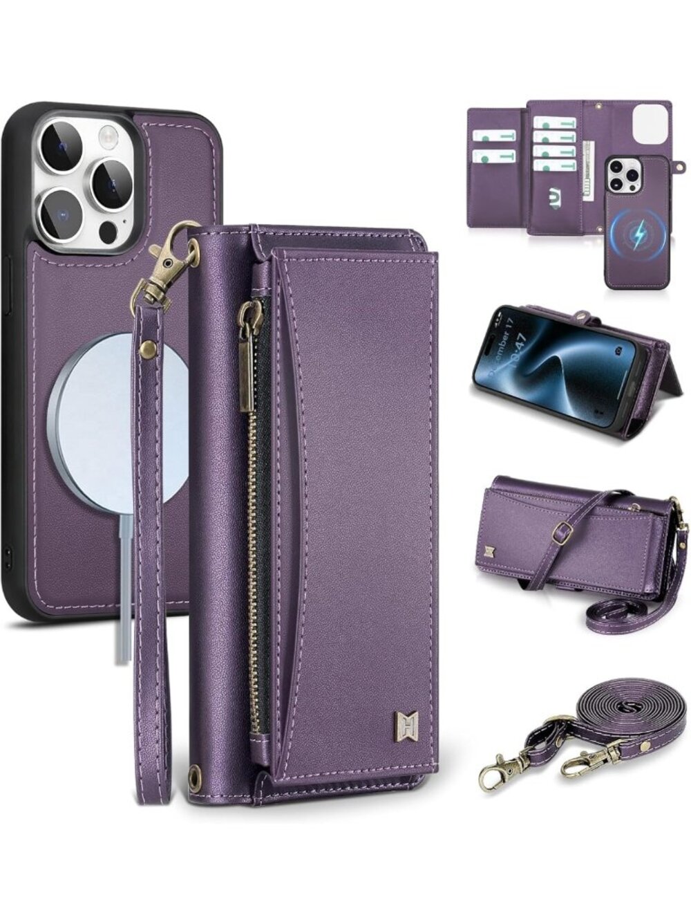 Stylish Purple Wallet Case for iPhone 15 Pro Max | RFID Blocking, Crossbody